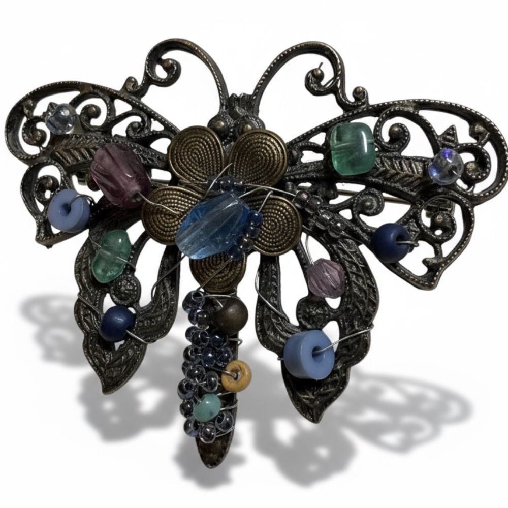 Vintage Filigree Butterfly Brooch – Hand-Wired Stones & Glass Beads